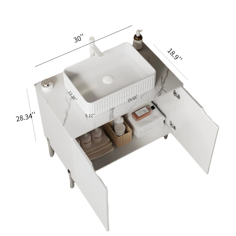 Meuble-lavabo autoportant sophistiqué avec rangement abondant, Blanc