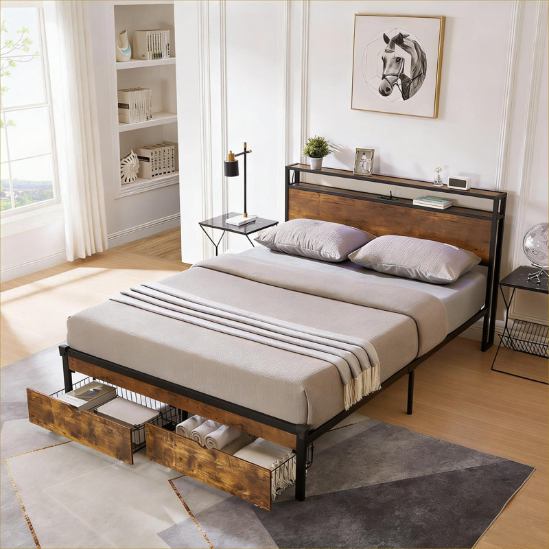Structure de lit plateforme avec rangement grand format, panneau de fibres à densité moyenne matte avec charge USB et 2 tiroirs sous le lit pour la chambre à coucher