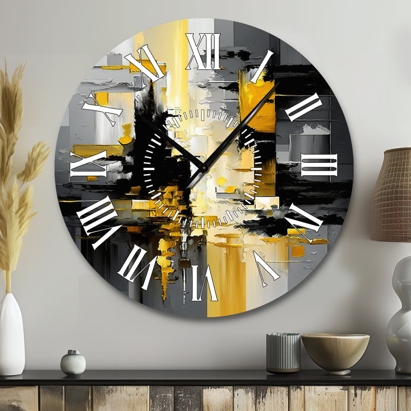 Horloge murale abstraite à motif géométrique en forme de V noir et jaune, Grand
