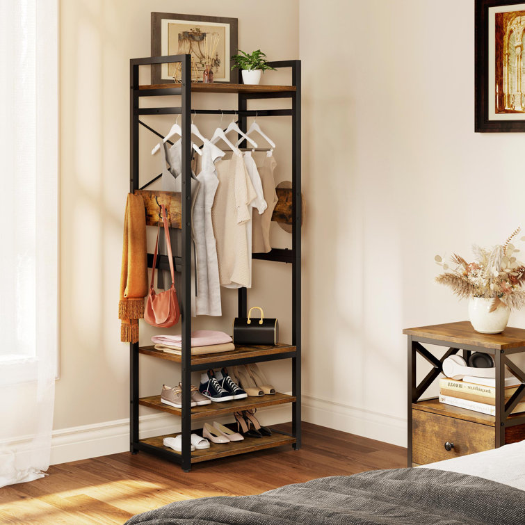 Free-Standing Closet Clothing Rack, Metal Closet Organizer System with Shelves - Brown&Black
