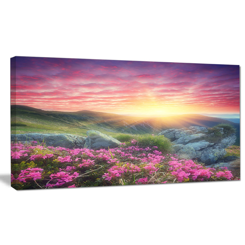 Reproduction d'art graphique sur toile tendue - Le matin avec des fleurs dans les montagnes, H 16 po x l 32 po x P 1 po
