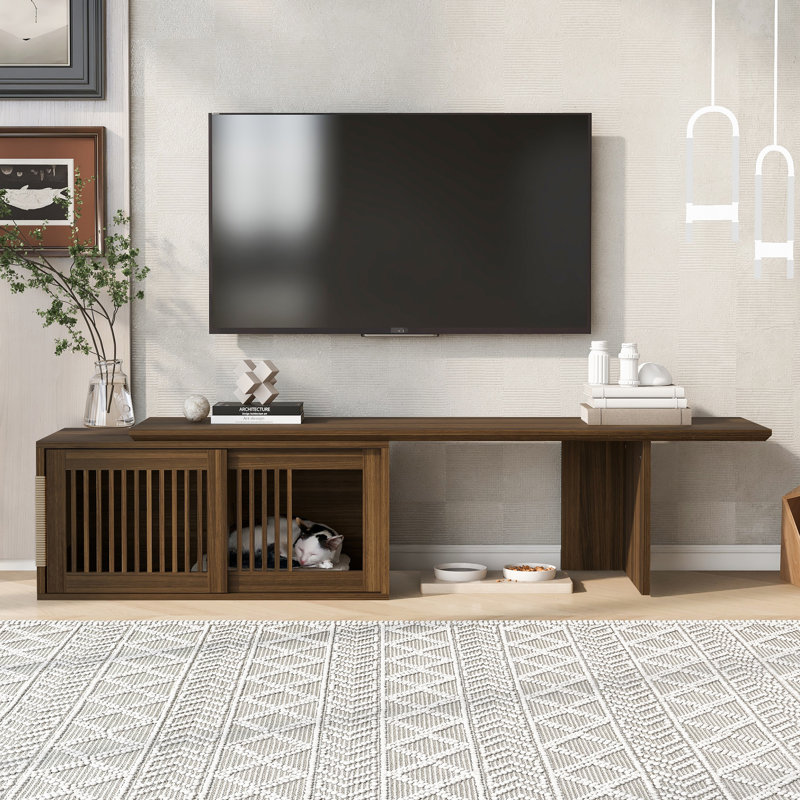 Meuble audio-vidéo style Mid-Century en noyer avec surface extensible et coussins de chat