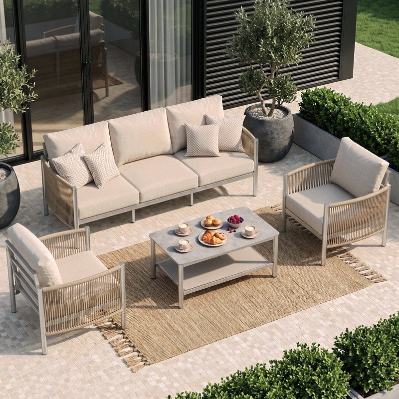Canapé de patio 3 places en aluminium de 188 cm (74 po) avec coussins haute densité de 15 cm (6 po) d'épaisseur et tissu oléfine résistant aux intempéries