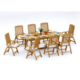 10 Seats 11 Pcs Grade-A Teak Wood Dining Set: 94" Mas Oval Trestle Leg Table And 10 Marley Folding Reclining Arm Chairs #11MR2310