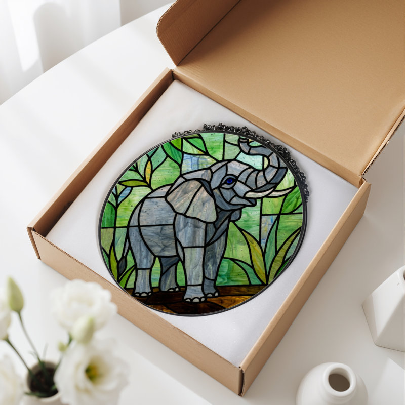7.8"H Elephant Jungle Stained Glass Window Panel, 7.8" H x 7.8" W