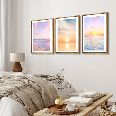 "Coastal Beach", Mauve, Sunrise, Ocean, Waves, Modern Nautical, 3 Piece Framed Canvas Print