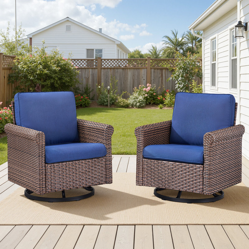 Ensemble 2 pièces de chaises pivotantes modernes en osier avec coussins, Bleu