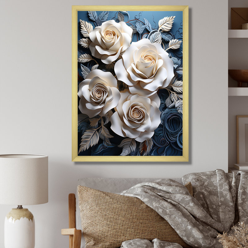 «Blue and White Roses Moonlight Grace II», reproduction d'art sur toile, Cadre doré simple, H 32 po x l 16 po x P 1 po