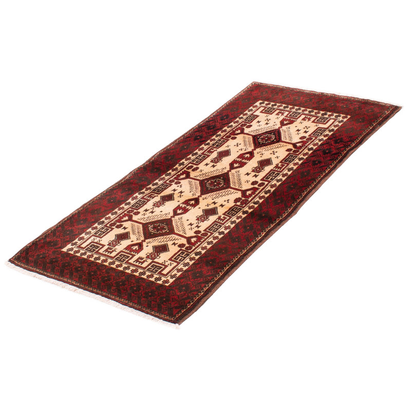 Tapis unique en laine noué à la main de style crème, rouge et noir des années 2000 3 pi 2 po x 6 pi 2 po Collinsville
