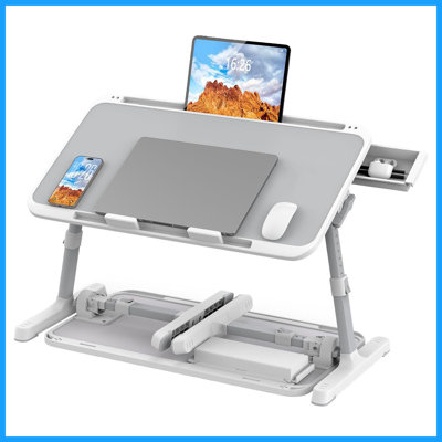 Bureau pour ordinateur portable réglable à hauteur pliable avec support pour ordinateur portable avec tiroir de rangement et fente pour tablette, 22,04 po x 12,2 po pour canapé-lit