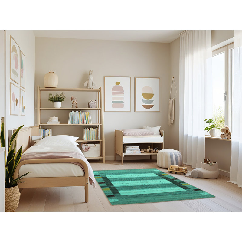 Tapis turquoise contemporains lavables à la machine 1900, Rectangle 4 pi x 6 pi