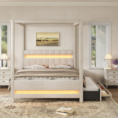 Upholstered Canopy Platform Bed With LED Lights, Twin Trundle, And 3 Storage Drawers