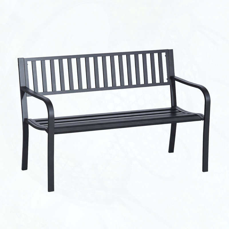 Outdoor Metal Garden Bench with Slatted Seat and Curved Armrests, 528lbs Capacity