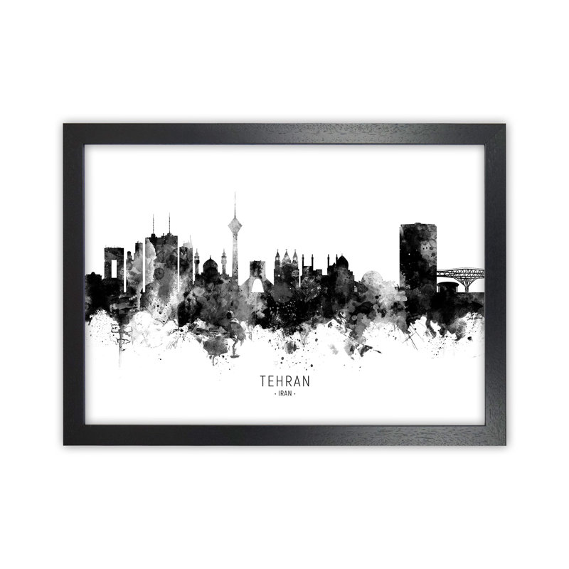 Tehran Iran Skyline Black White City Name by Michael Tompsett - Print, 64cm H x 88cm W x 3cm D, Black Framed