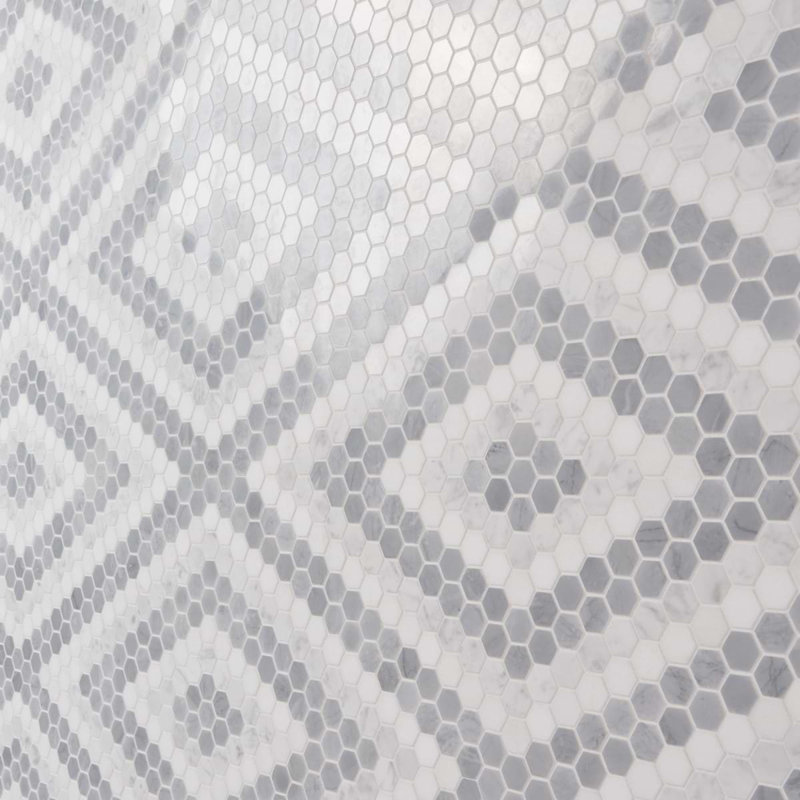 Juno 1" Diamond Hexagon Polished Marble Mosaic, Gray/White