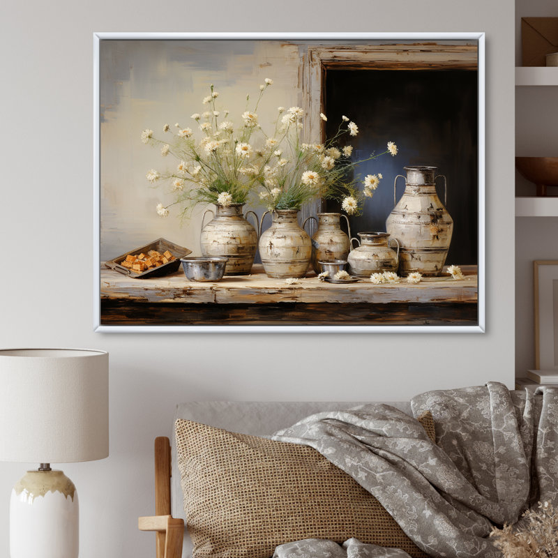 Flower Herbs Farmhouse Still Life, H 16 po x l 32 po x P 1 po, Cadre flottant blanc