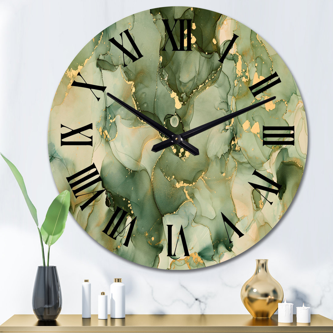 Green Luxury Abstract Fluid Art I - Modern Wall Clock East Urban Home 