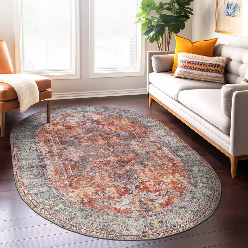 Labarbera Oriental Machine Washable Red/Blue Non-Slip Backing Area Rug, Oval 5' x 7'