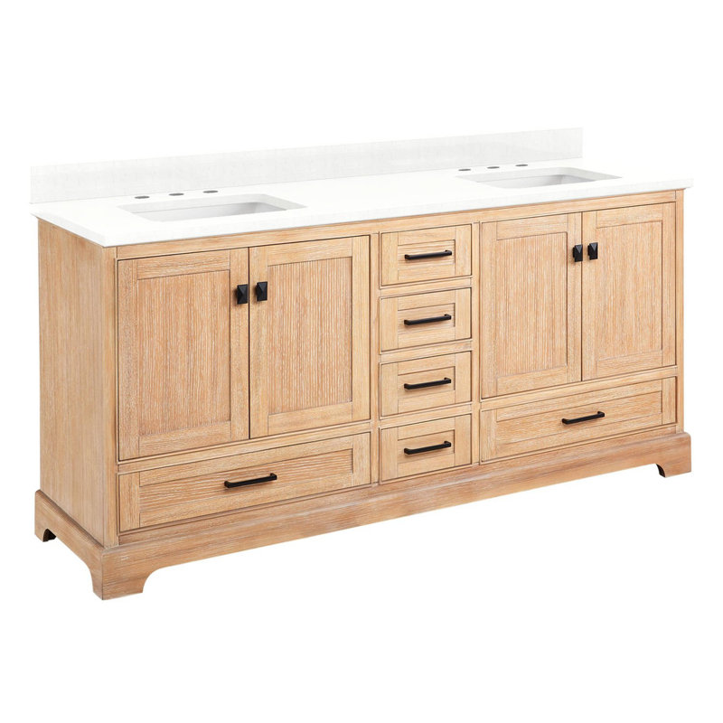 Quen 72" Freestanding Double Basin Vanity Set with Cabinet, Vanity Tops, Driftwood Brown, Arctic White Quartz, 8" Widespread