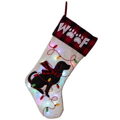 21''L LED Embroidered Linen Christmas Stocking - Dog