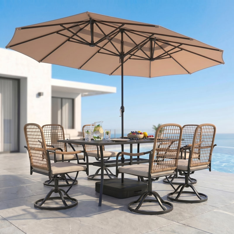 6-Person Outdoor Rectangular Patio Dining Set With Cushioned Swivel Chairs & Umbrella