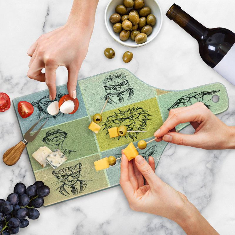 Ambesonne Animal Tempered Glass Cutting Board Hipster Monkey Camel Cat Multicolor