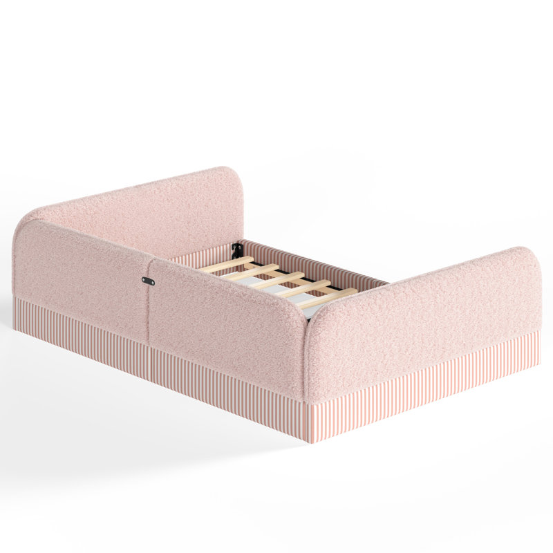 Structure de lit pour grand lit rembourré en molleton pour enfants, lit semi-fermé Montessori pour garçons et filles, lit plateforme à profil bas avec garde-corps latéraux, rose