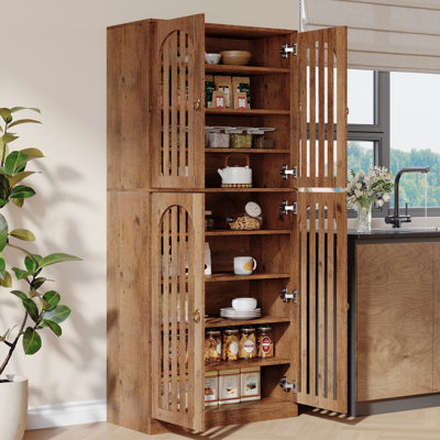 70.86" Tall Kitchen Pantry Cabinet, Farmhouse Wooden Cupboard With 4 Slatted Doors And 9 Storage Shelves For Kitchen, Dining Room, Living Room