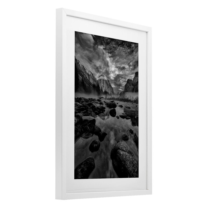 «Morning In Yosemite Valley», reproduction sous verre encadrée, conception de Jon Evan, H 23 po x l 17 po, Cadre blanc côtier