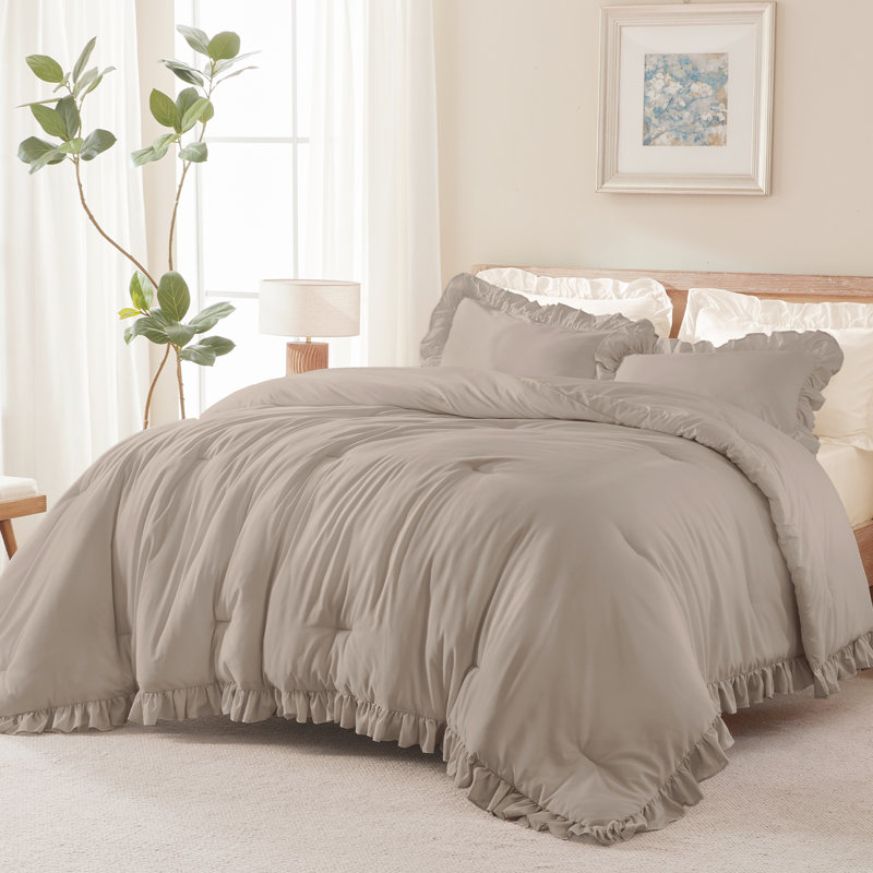 Andency Light Brown Ruffle Comforter Oversized Queen(98x98Inch), 3 Pieces(1 Ruffled Comforter and 2 Pillowcases) Solid Farmhouse Bed, Vintage Rustic Soft Microfiber Bedding Set