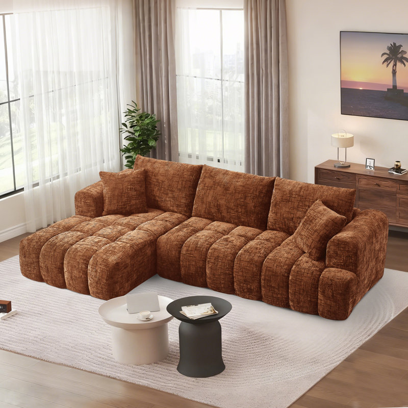 108" Chenille Compression Sectional Sofa with Chaise,Tufted Seat, No Assembly, Left Hand Facing, Orange Chenille