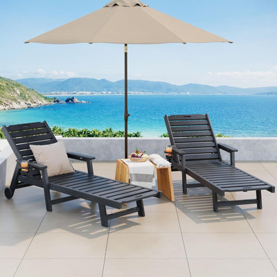 Set of 4 HDPE Patio Chaise Lounge Chairs with Wheels & Cup Holder, 5-Position Reclining Outdoor Lounger for Pool & Deck, Grey