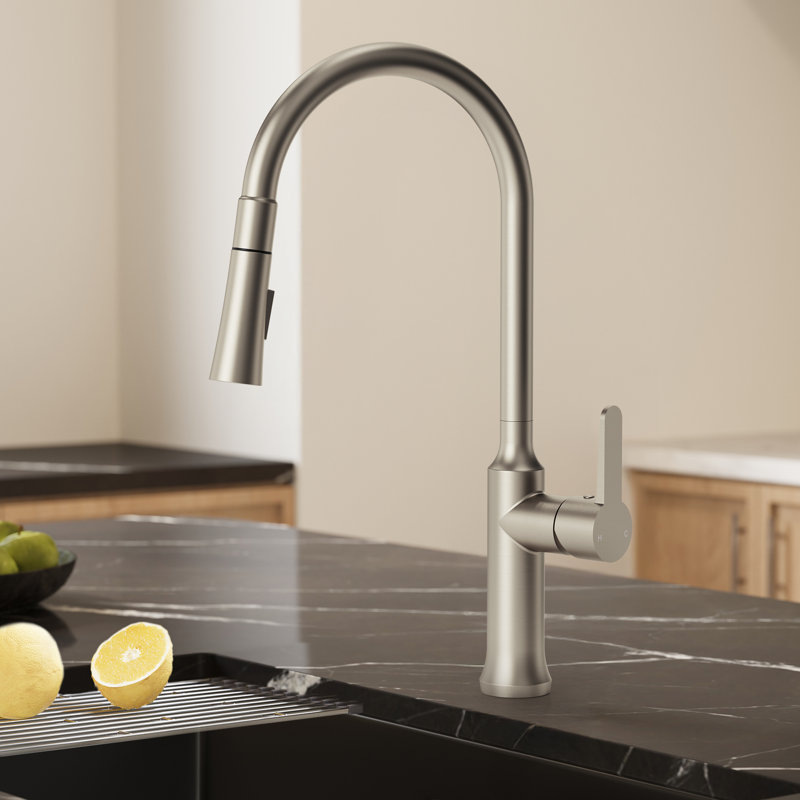 Robinet de cuisine escamotable avec douchette à double fonction, robinet d'évier à poignée simple avec bec pivotant à 360 °