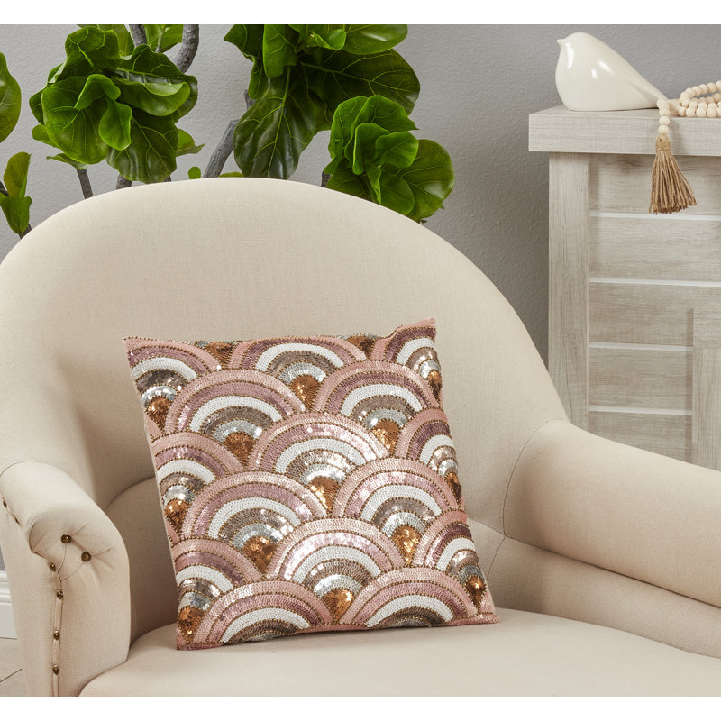Pink and Gold Embroidered Square Throw Pillow