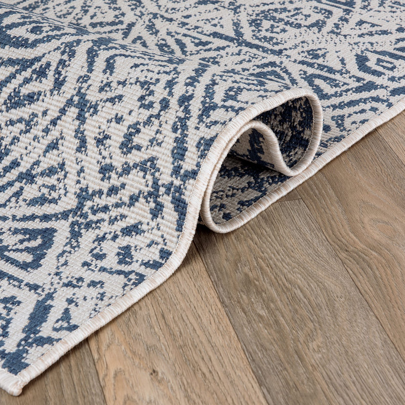 Tapis intérieur / extérieur bleu / ivoire réversible Butilone, Tapis de couloir de 2 pi x 7 pi