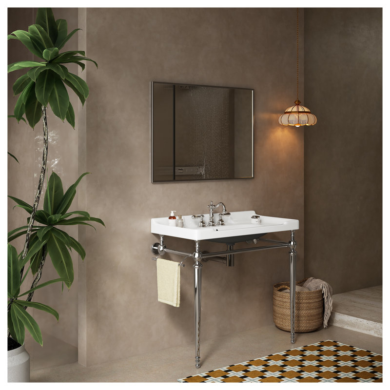 Console de lavabo murale VICI de 36 po avec pieds en acier inoxydable et porte-serviettes, lavabo en céramique blanche avec 3 trous de robinetterie