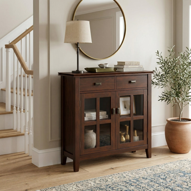 Armoire de rangement transitionnelle en bois massif de 36 po avec portes en verre et tablettes réglables Artisan