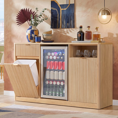 59" Coffee Bar Cabinet with Fridge Space and Tilt‑Out Trash Cabinet, Fluted Buffet Sideboard with Charging Station & Glass Holder for Dining Room