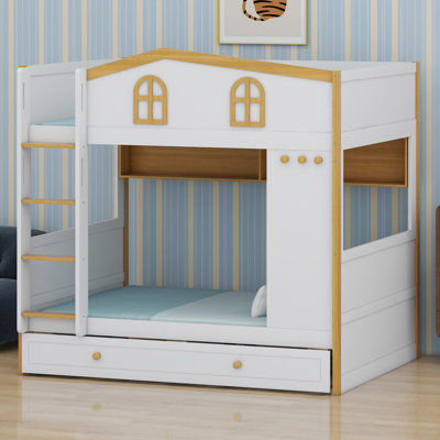 Kids' Bunk Bed Featuring House-Style Guardrails, Built-in Shelves, and Trundle