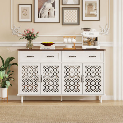 Vintage Sideboard Buffet Cabinet With Hand-Carved Geometric Doors, Distressed With Contrast Design, 2 Drawers 4 Doors Storage Cabinet, Adjustable Feet, Raised Base For Easy Cleaning