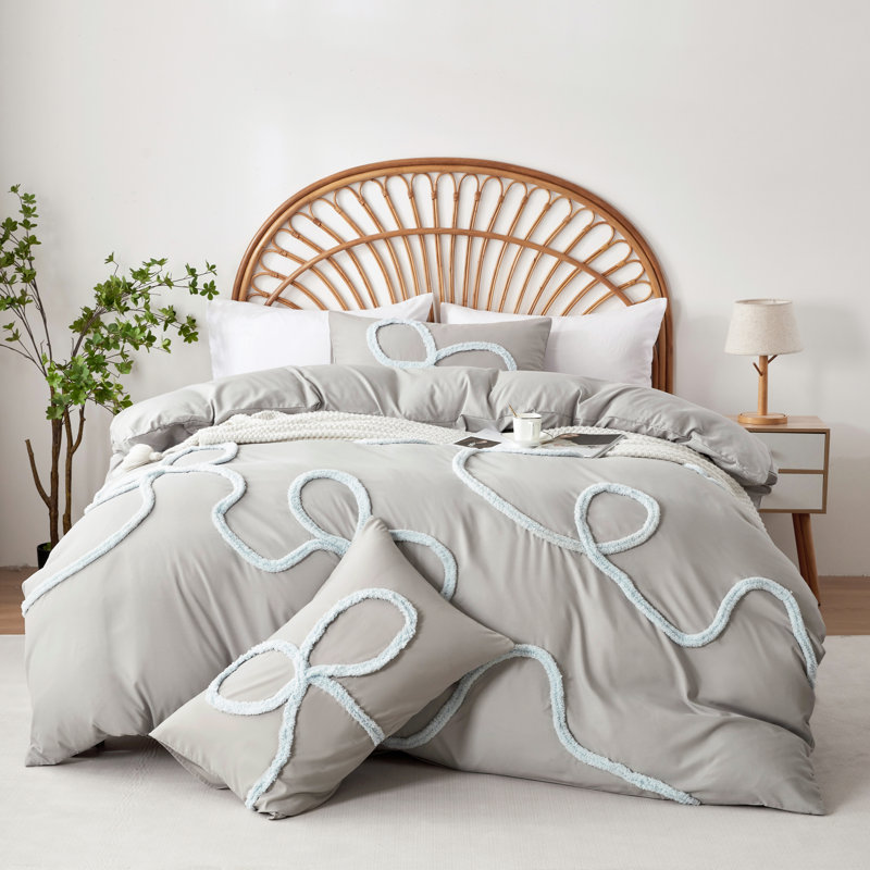 Boho Tufted Embroidered Duvet Cover Set with Zipper and Ties for All Season, Gray, Twin Duvet Cover + 1 Pillowcase