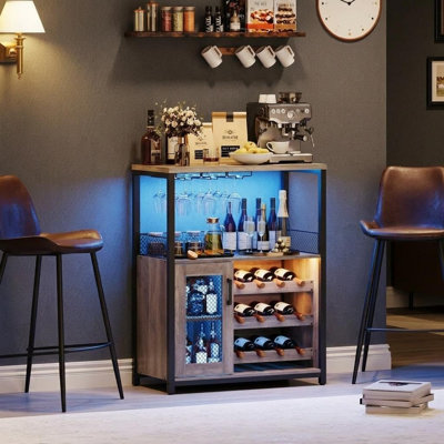 3 Tier Wine Bar Cabinet with Removable Wine Rack, Glass & Mesh Door Sideboard, Holds 12 Bottles & 9 Glasses for Kitchen, Living Room and Bar,Gray with Light