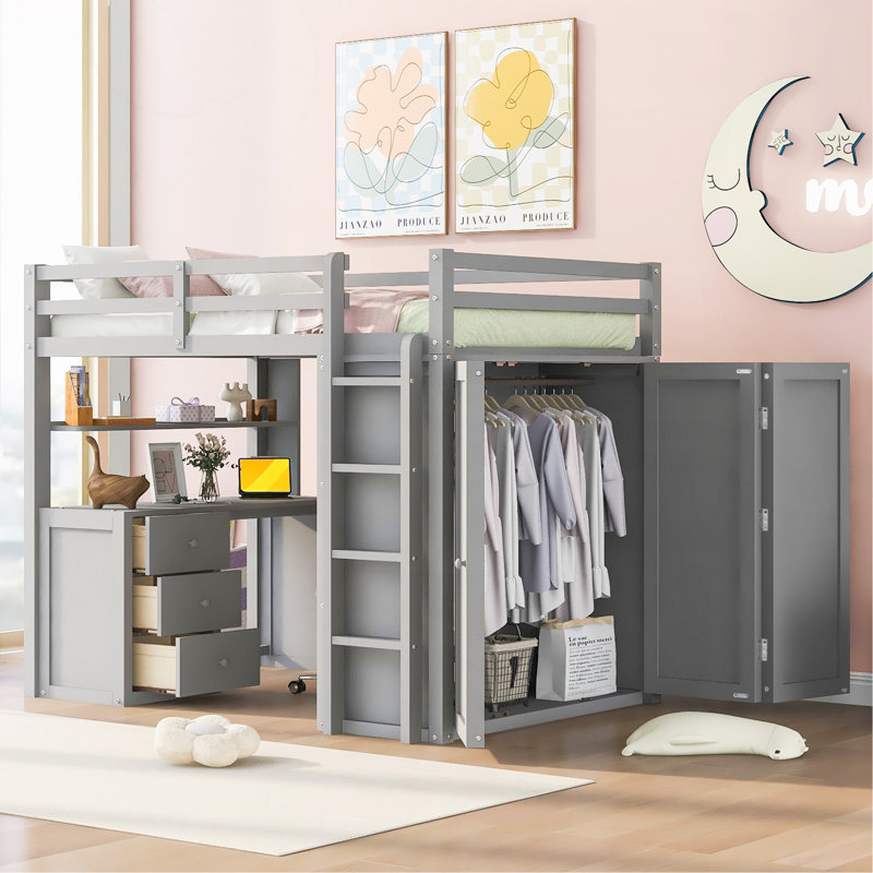 Twin Size Loft Bed With Drawers,Desk,And Wardrobe-White, Twin, White