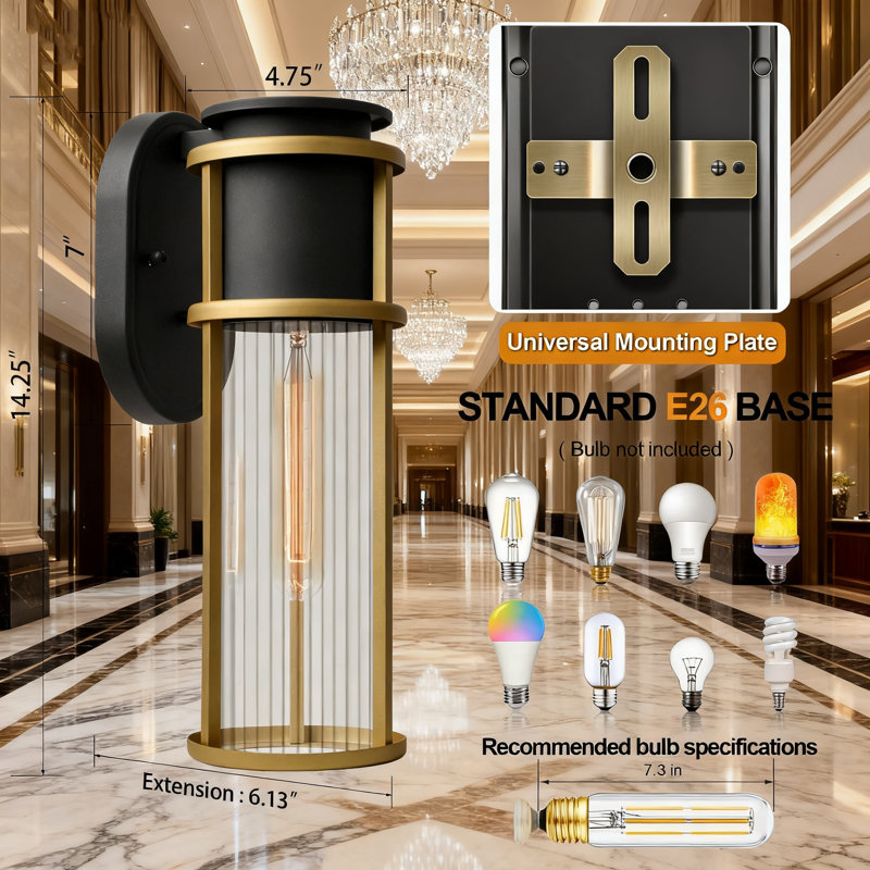 Outdoor Wall Lights 2-Pack, Waterproof Exterior Lighting Fixtures With Clear Ribbed Glass, Modern Wall Sconce For Porch, Patio, Garage And Front Door