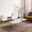 La table basse 900 en forme d'œuf, blanc et chêne, complète le style ovale du salon 900, élégante pour un usage quotidien
