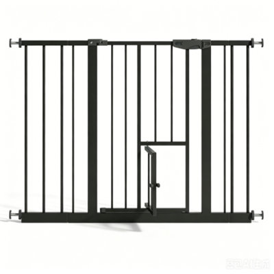 Barrière en métal pour animaux avec porte pour chat intégrée, largeur réglable de 29,5 à 44,1 po, barrière de sécurité montée sous pression pour les escaliers, les couloirs et les portes, acier robuste, noir