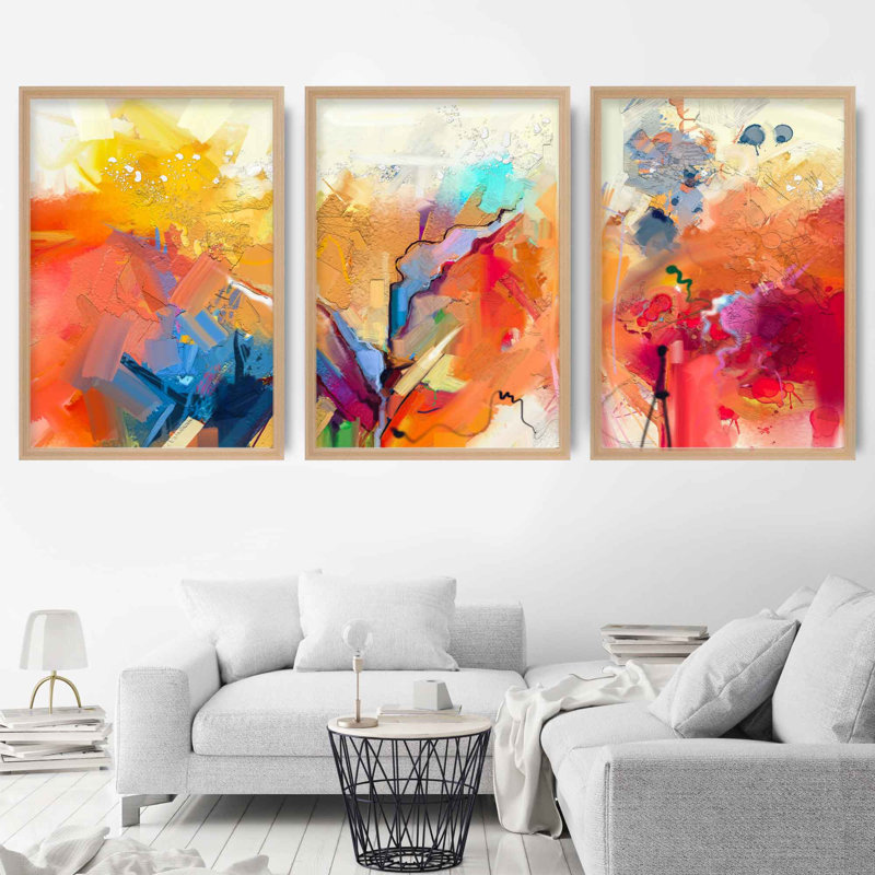 Summer Sunset - 3 Piece Single Picture Frame Painting, Brown Framed, 53cm H x 43cm W 