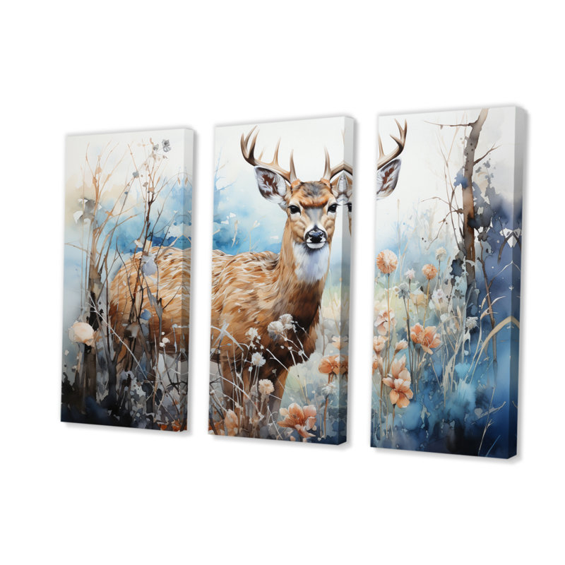 «Deer Winters Embrace I on Canvas», reproduction de 3 pièces, H 28 po x l 36 po x P 1 po