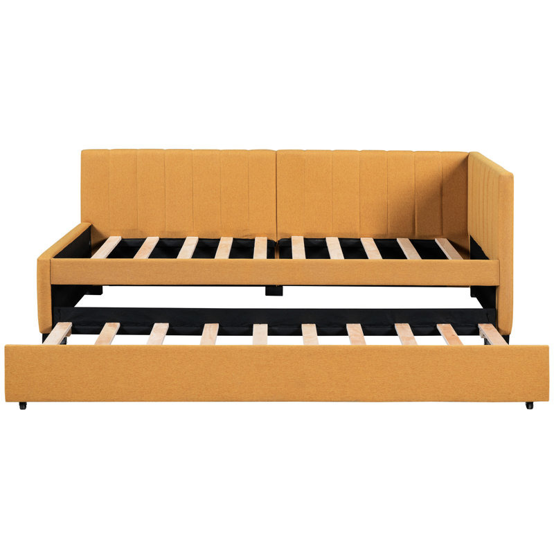 Lit de jour rembourré en lin avec couchette, lit gigogne confortable en tissu, structure, aucun sommier requis, Jaune