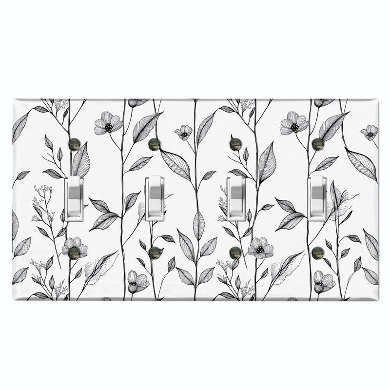 Couvercle de plaque d'interrupteur en métal; Bascule à 4 bandes US standard - Croquis floral élégant, #4 Quad Toggle